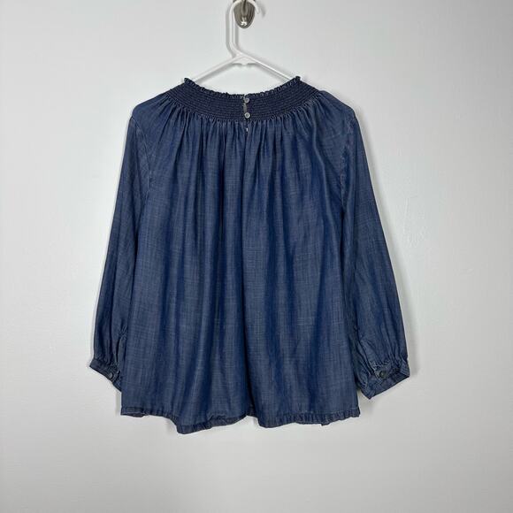 Loft Womens L Chambray Smoked Lyocell Blue Long Sleeve Blouse Casual Lightweight - Picture 6 of 6